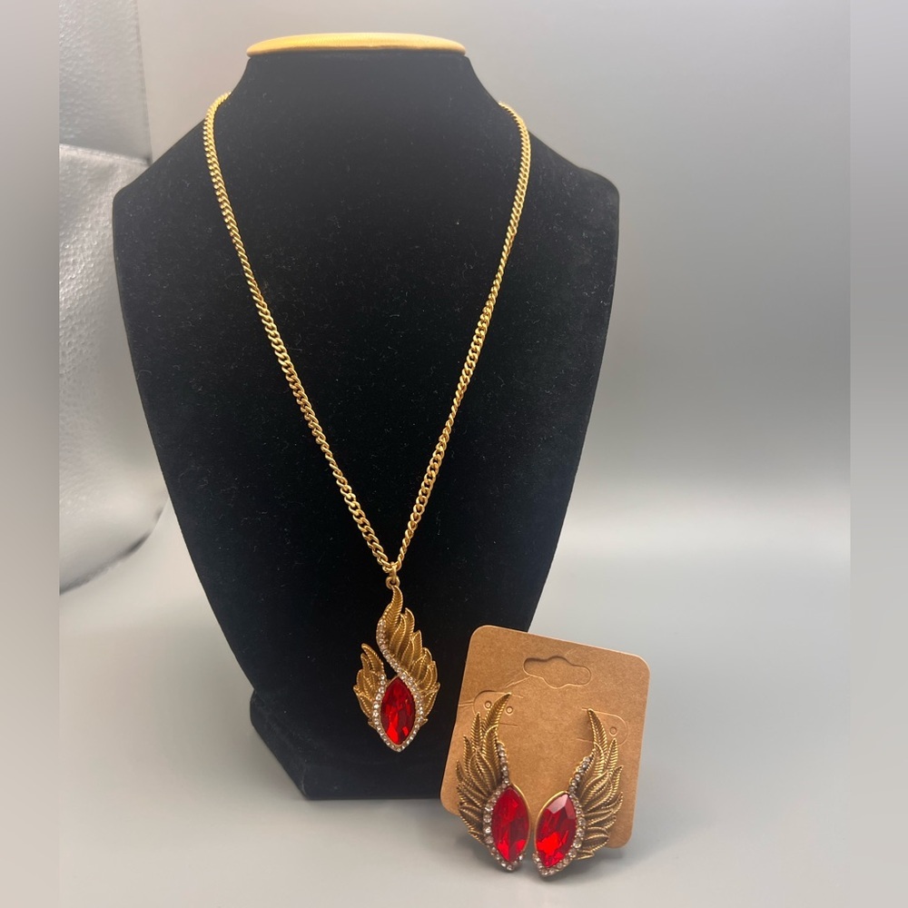Gold Tone Red Crystal Wing Necklace + Earrings Set — Statement Jewelry